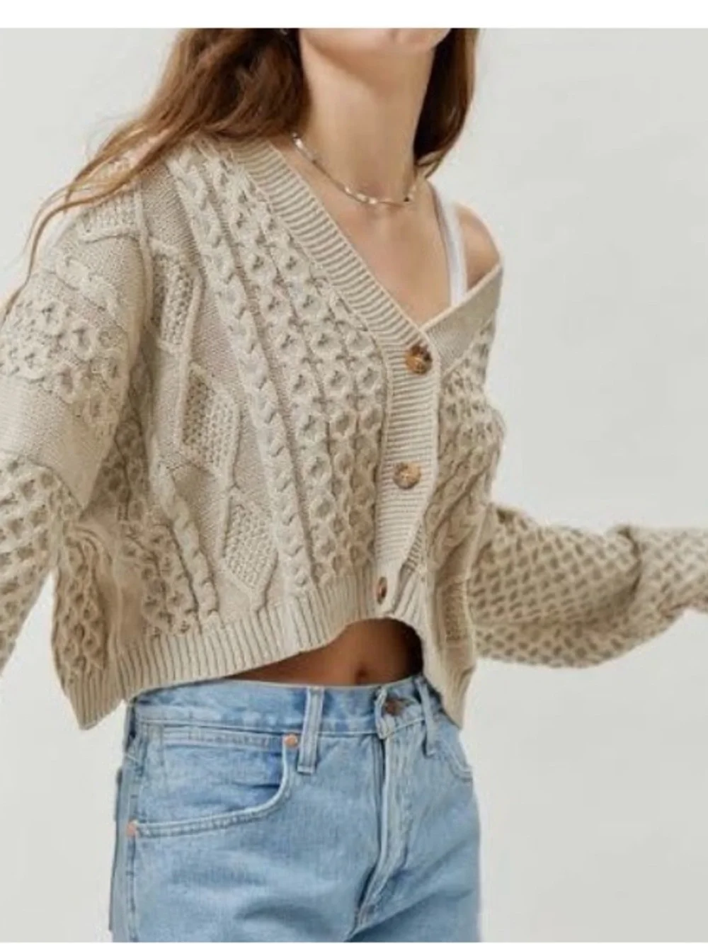 Milk It Cable Knit Cropped Cardigan Sweater Beige Patchwork Sz 14 Urban Outfitte